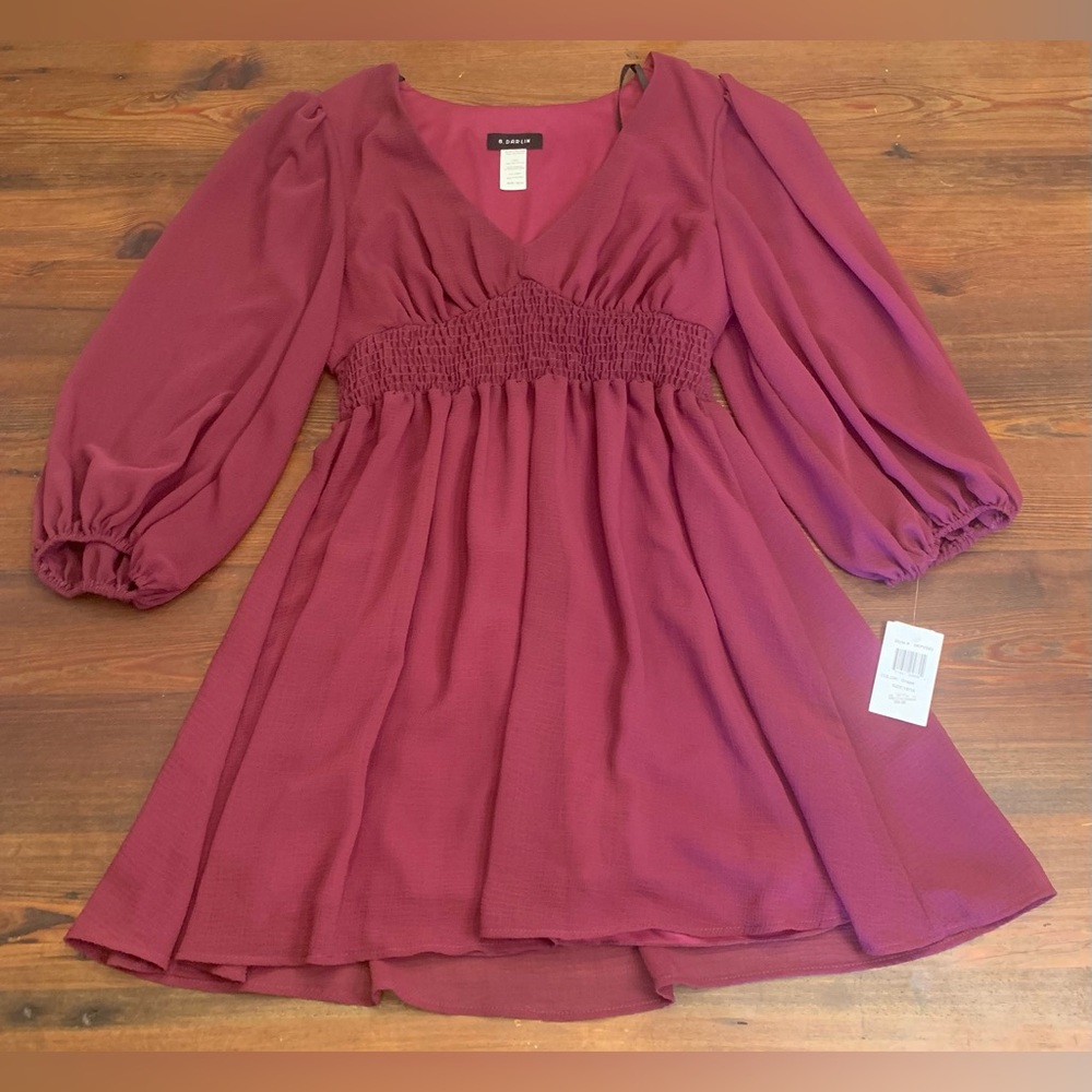 NWT B Darlin maroon v neck dress junior size 15/16, long blouson sleeves (M)